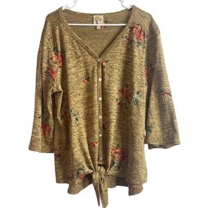 00775 Fig and Flower Women's Embroidered Floral Tie Front V Neck Sweater Top 2X‎